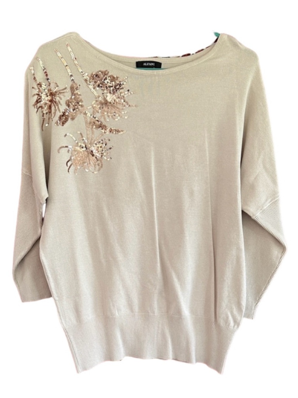 Alfani embellished Beige Sweater with Floral Sequin Design NWT